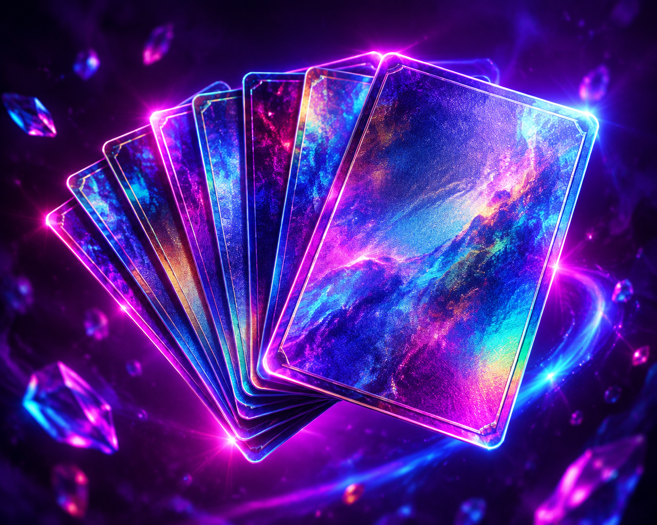A fanned-out stack of holographic trading cards glowing with magenta and cyan light